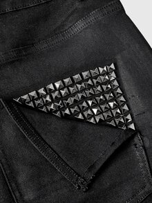 ROMWE Celana Jeans Model Flare Denim Berlapis Gaya Jalanan Indie Sleaze Y2K dengan Dekorasi Rivet di Saku, Ukuran Plus - Hitam - View 3
