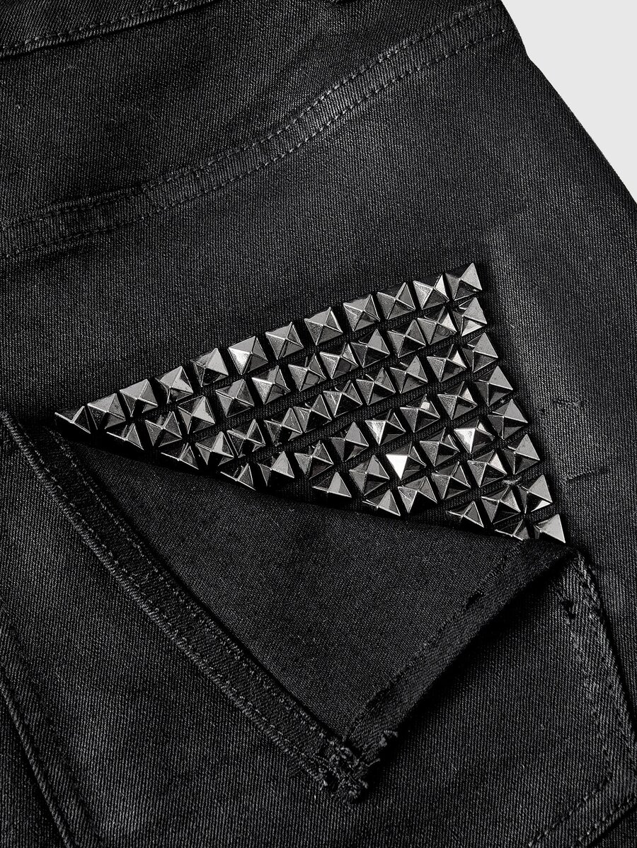ROMWE Y2K Indie Sleaze Street Style Pocket Rivet Decor Slim Fit Coated Denim Flare Jeans Plus Size - Black - View 1