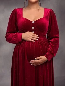 SHEIN Gaun Pesta Malam Hamil Ukuran Plus Lengan Panjang Beludru Burgundy Leher Persegi Dekorasi Gesper Berlian Potongan A-Line Elegan - Burgundy - View 3