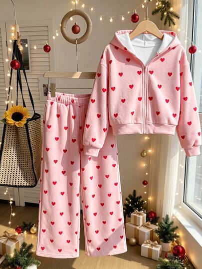 Ensemble Sweat-shirt à capuche et pantalon large avec imprimé cœur doux et mignon pour Noël, Halloween, automne et hiver, tenue rose à cœurs, Sweat-shirt polyvalent et pantalon large pour filles 8Y-12Y