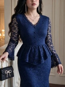 Vibekara Plus Size V-Neck Lace Waist-Cinching A-Line Blouse & Long Skirt 2 Pieces Set Fall - Royal Blue - View 3