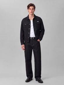 Colvenic 男士字母貼布長袖單排扣休閒寬鬆牛仔夾克 - 黑色 - 查看 6