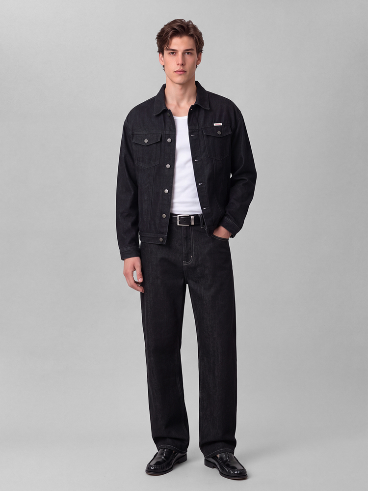 Colvenic Men's Letter Patch Long Sleeve Single-Breasted Casual Loose Denim Jacket - Black - View 5