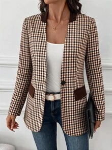 SHEIN Clasi Blazer Kasual Wanita Lengan Panjang Motif Houndstooth dengan Satu Kancing - MultiWarna - View 6