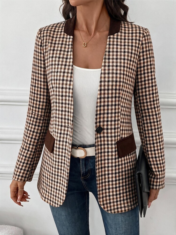 SHEIN Clasi 女款千鳥格長袖單扣休閒西裝外套 - 彩色 - 查看 6