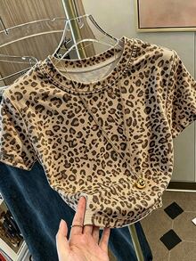 Resyla Leopard Print Digital Print Slim Fit Short Sleeve T-Shirt, Base Layer T-Shirt, Casual T-Shirt, Slim Fit All-Match Top, Gift For Friends - Coffee Brown - View 3