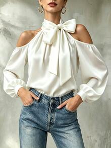 INAWLY French Style Satin Bow Cold Shoulder Tie Blouse - White - View 5