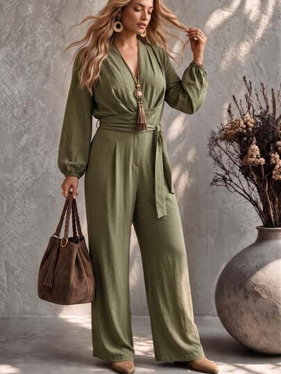 Ceyna Plus Size Women Solid Color V-Neck Cinched Waist Criss-Cross Tie Loose Straight Leg Long Sleeve Army Green Jumpsuit French Elegant Sophisticated Commute Casual Vacation Formal Office Afternoon Tea Party Home Comfortable Muslim Middle Eastern Women Autumn/Winter New Jumpsuit