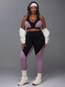 Voyena Bộ đồ thể thao nữ size lớn phối màu gồm áo tank top dáng ngắn và quần legging - màu đen - Xem 1