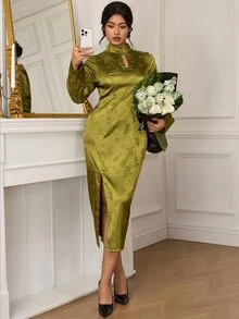 EastFlair Plus Size Elegant Elegant Frog Button Side Slit Dress - Green - View 3