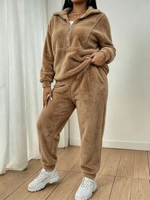SHEIN LUNE CURVE Plus Size Casual Stand Collar Long Sleeve Metal Zipper Tapered Leg Pants Fleece Two Pieces Set Winter - Khaki - View 5