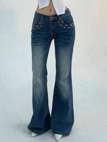 DAZY Women's Casual Versatile Denim Flare Pants With Pockets - Blue - View 3