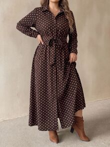 SHEIN CURVE+ 女款波點圖案長袖單排扣襯衫洋裝 波點洋裝 - 咖啡棕 - 查看 8