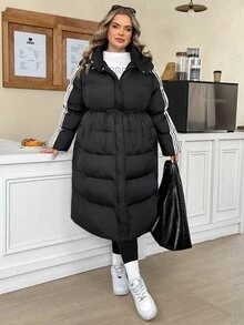 SHEIN CURVE+ معطف طويل مبطن بالريش أسود بقلنسوة وحبل شد، مقاس كبير، مناسب للخريف/الشتاء، بأسلوب العودة إلى المدرسة والكلية، مناسب للاستخدام اليومي والكاجوال متعدد الاستخدامات - الأسود - مشاهدة 5