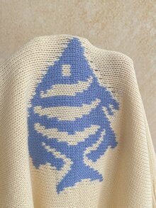 Soleia Women's Fish Pattern Round Neck Drop Shoulder Long Sleeve Casual Sweater - Apricot - View 8