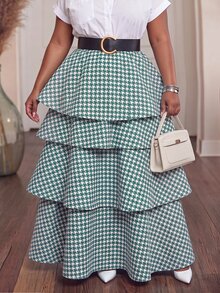 Slaydiva Autumn/Winter Elegant Date Christmas Holiday Green & White Houndstooth Multi-Layer Ruffle Cake Long Skirt Plus Size - Green - View 8
