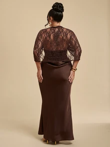 SHEIN BAE CURVE Plus Size Women Brown Lace Dress - Brown - View 5