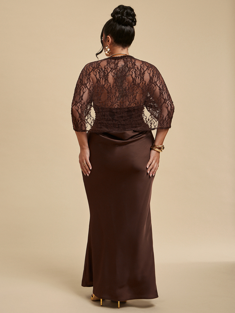 SHEIN BAE CURVE 大尺碼女款棕色蕾絲洋裝 - 棕色 - 查看 5
