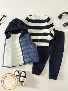 SHEIN 3件組兒童小男孩秋冬休閒條紋衛衣套裝，加厚背心外套長褲套裝，男孩套裝，秋冬套裝，外套套裝，滑雪套裝 - 彩色 - 查看 1