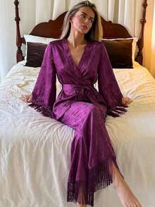 DAZY 2pcs/Set Women's Pajama Set, Tassel Patchwork V-Neck Cardigan Long Sleeve Top And Straight Leg Long Pants - Purple - View 6