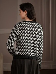Anewsta Black And White Color Block Elegant Loose Fit Women's Cardigan Top - Black and White - View 7