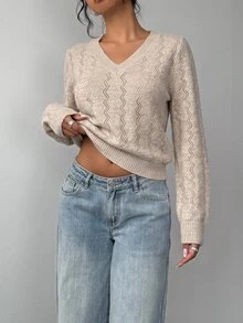 SHEIN BASICS ملابس علوية محبوكة بقصة عادية وأكمام طويلة وياقة على شكل حرف V - رمادي فاتح - مشاهدة 3