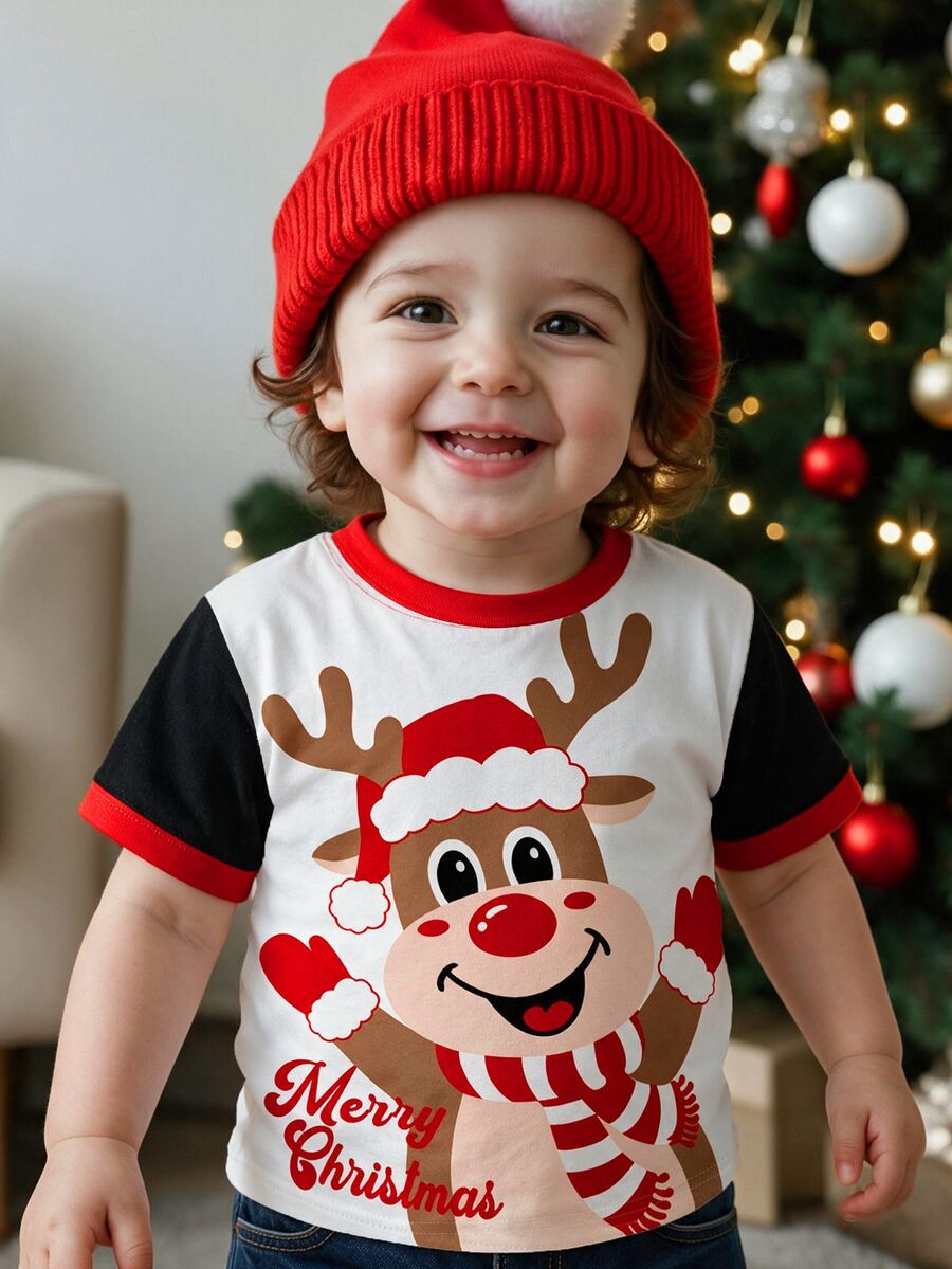 Baby Boy Casual Minimalist Top Suitable For Spring/Summer. Suitable For Christmas, Classic Cute Santa Claus Pattern Print, Classic Handsome Christmas Reindeer Pattern Print, Classic Christmas Pattern Print, Suitable For Autumn/Winter, Suitable For Christmas - Multicolor - View 1