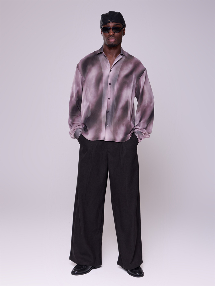 Musero Oversized Long Sleeve Drop Shoulder Revere Collar Button Through Sheer Shirt Top Autumn Winter Layering - Blue - View 2