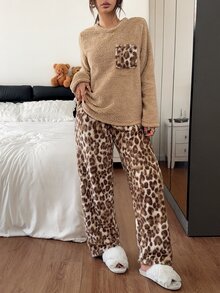 Napfluff Women's Casual Leopard Print Coral Fleece Thick Plush Pajama Set - Multicolor - View 3