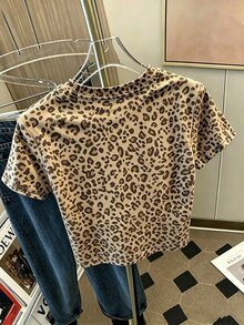 Resyla Leopard Print Digital Print Slim Fit Short Sleeve T-Shirt, Base Layer T-Shirt, Casual T-Shirt, Slim Fit All-Match Top, Gift For Friends - Coffee Brown - View 2
