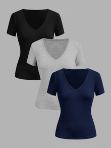 SHEIN EZwear 女款純色V領短袖休閒百搭T恤（3件組） - 彩色 - 查看 12