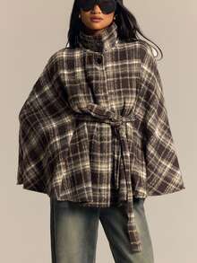 COSMINA Women's Woolen High Neck Cape Style Cinched Waist Waist Brown & Light Color Plaid Pattern Autumn/Winter Outfit For Going Out - Multicolor - View 4