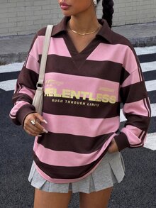 Muchica 大尺碼女款學院風條紋標語字母印花 Polo 領長袖寬鬆衛衣，厚實面料，適合秋冬、返校季、教師節 - 彩色 - 查看 3
