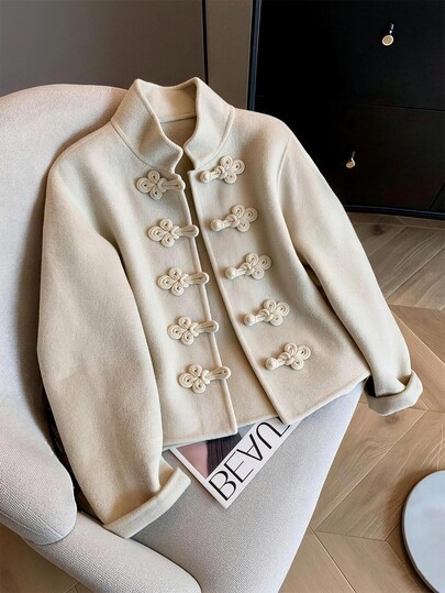 SHEIN New Vintage Fashion Long Sleeve Stand Collar Frog Button Design Women's Jacket, Suitable For Autumn/Winter, Commuting, Office Wear, Casual Outings, Back To School, Airport Wear, Streetwear