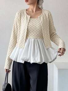FRIFUL Women's Polka Dot Colorblock Camisole Top And Long Sleeve Cardigan Casual 2 Pieces Set - Beige - View 5