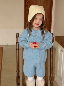 DAZY Baby Girl Bow Decor Long Sleeve Cable Knit Sweater And Knitted Shorts Casual Set - Blue - View 5