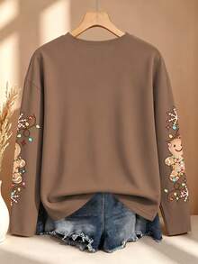 EMERY ROSE Plus Size Women's Spring/Summer Gingerbread Man Print Crew Neck Long Sleeve Casual T-Shirt - Multicolor - View 2