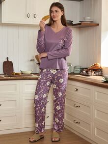 Doze Lane Comfortable V-Neck Printed Pocket Long Sleeve Pajama Set, Casual Home 2 Pieces Set - Purple - View 4
