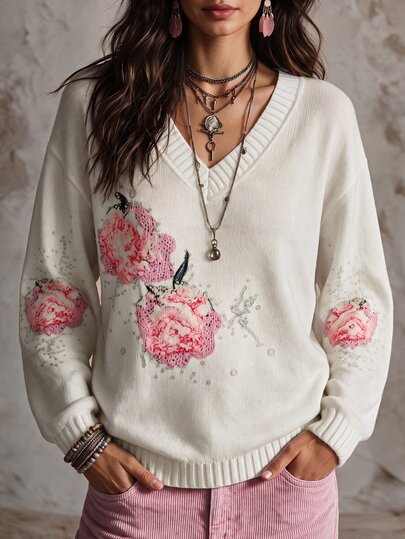 Solivie Damen Herbst/Winter Langarm Blumenmuster Pullover Top