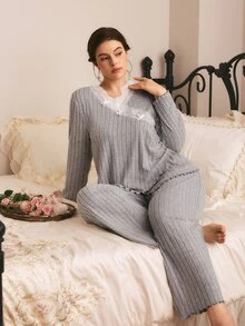 Côtesoire Plus Size Women's Comfortable Ribbed Lace Long Sleeve V-Neck Knit Pajama Set - Light Grey - View 5