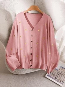 CosyJoli 女款大尺碼心形刺繡基本款開襟衫 秋冬款 - 藕粉色 - 查看 7