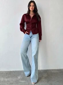 Firerie 女款深棕色長袖襯衫，綁帶收腰設計，休閒性感，適合辦公室、早午餐、夜晚外出，秋季優雅波西米亞風，春夏工作穿搭 - 酒紅色 - 查看 7