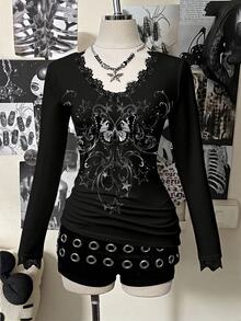 Attitoon Casual figursydd långärmad t-shirt med djup V-ringning och spetskant, lämplig för höst/vinter - Multifärgad - Visa 1