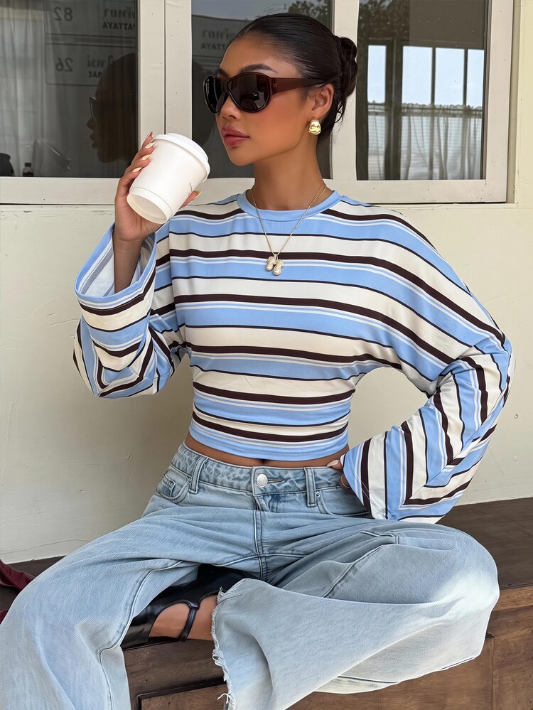 Muchica Autumn New Blue Striped Batwing Sleeve Slim Fit Long Sleeve T-Shirt, Elegant Casual Fashion Basic Top For Spring Summer Autumn Winter, Suitable For Outings And Parties, Women's Striped T-Shirt, Preppy Style - Multicolor - View 3