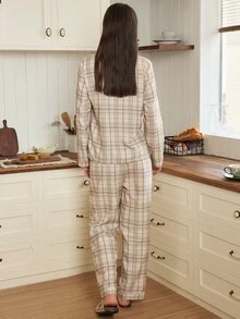 Doze Lane Plaid Gray & Coffee Bubble Texture Lapel Long Sleeve Pants Casual Women's Pajama Set - Multicolor - View 2
