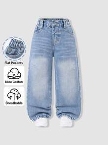 SHEIN 少女 Y2K 街頭日常彈力腰直筒牛仔褲，附平口袋，女孩日常 OOTD 套裝 - 深色水洗藍 - 查看 3