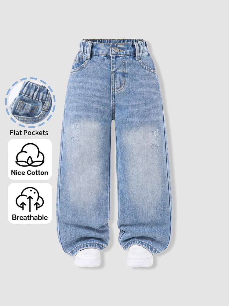 SHEIN Young Girl Y2K Street Daily Elastic Waist Straight Jeans With Flat Pockets Girls Daily OOTD Outfits - Dark Wash - View 3