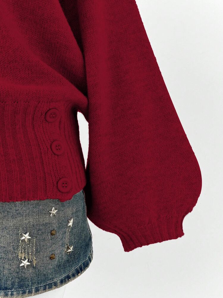 Sunspun Autumn/Winter Minimalist Solid Color V-Neck Side Button Waist Cinched Cropped Knit Pullover Sweater - Red - View 3