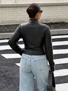 Muchica Plus Size Women's Colorblock Casual Versatile Long Sleeve Jacket - Black - View 2