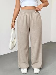 SHEIN Essnce Plus Size Women Solid Color Casual Versatile Daily Wear Long Pants - Khaki - View 6